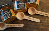 Honey combs, Wood Dipping Spoons, Honey, and Marmalade